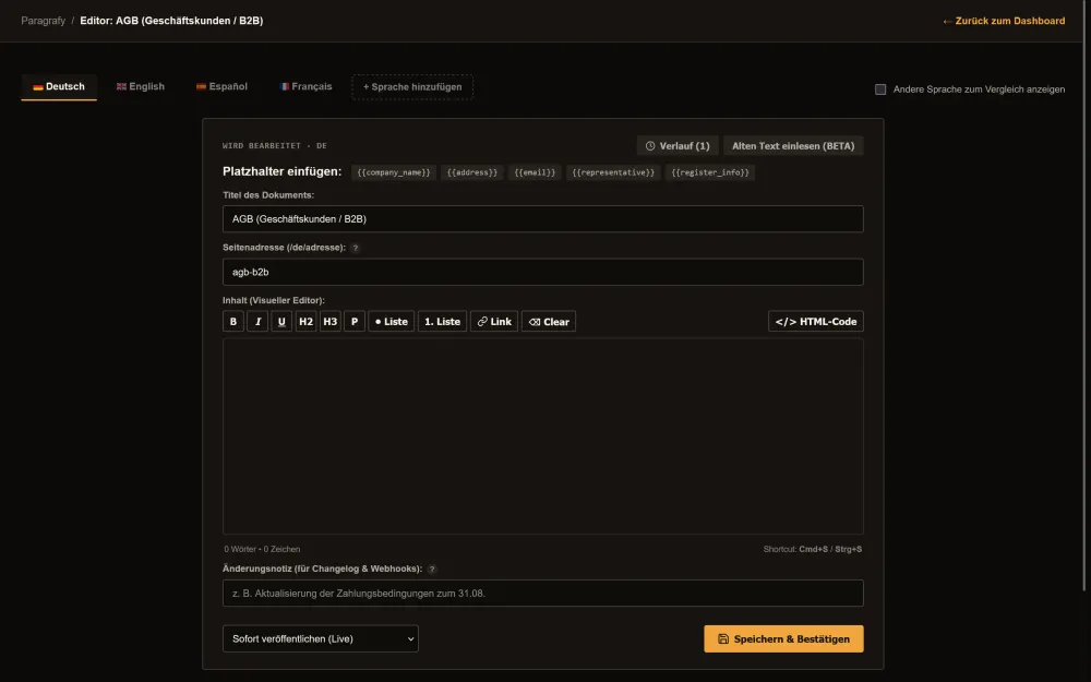 Paragrafy Editor mit Sprachen-Tabs und HTML-Editor
