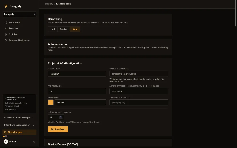Paragrafy Einstellungen mit Cron-Endpunkten und Projektkonfiguration